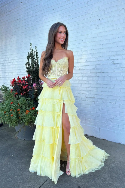 Prom Dresses 2025 to impress Beaded Lace Corset Prom Dress with Tiered Ruffle Skirt, Bow Waist & High Slit - 26172-vigocouture-vigocouture