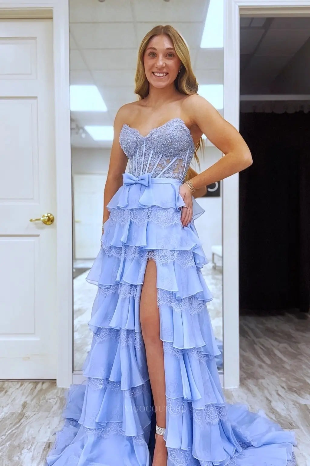 Prom Dresses 2025 to impress Beaded Lace Corset Prom Dress with Tiered Ruffle Skirt, Bow Waist & High Slit - 26172-vigocouture-vigocouture