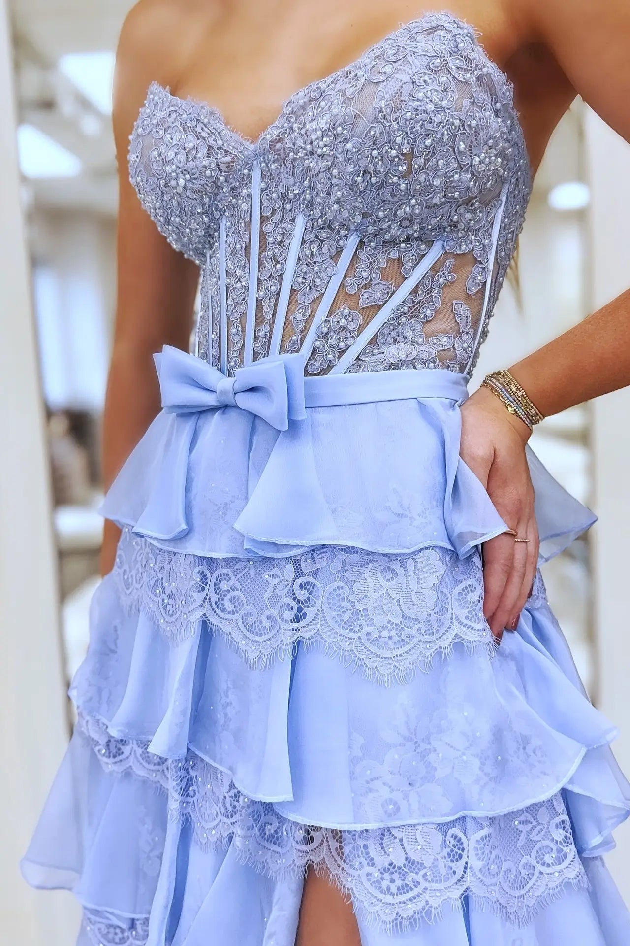 Prom Dresses 2025 to impress Beaded Lace Corset Prom Dress with Tiered Ruffle Skirt, Bow Waist & High Slit - 26172-vigocouture-vigocouture