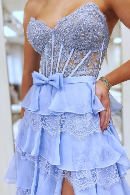 Prom Dresses 2025 to impress Beaded Lace Corset Prom Dress with Tiered Ruffle Skirt, Bow Waist & High Slit - 26172-vigocouture-vigocouture