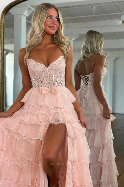 Prom Dresses 2025 to impress Beaded Lace Corset Prom Dress with Tiered Ruffle Skirt, Bow Waist & High Slit - 26172-vigocouture-vigocouture