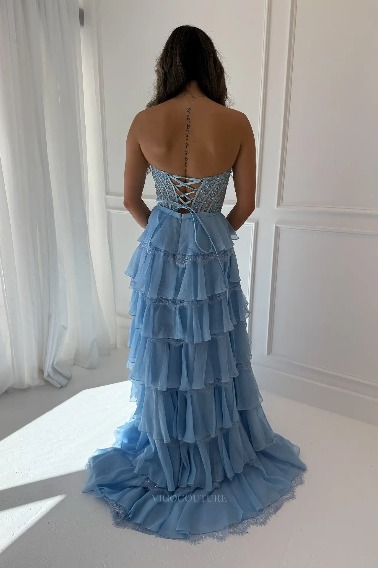 Prom Dresses 2025 to impress Beaded Lace Corset Prom Dress with Tiered Ruffle Skirt, Bow Waist & High Slit - 26172-vigocouture-vigocouture
