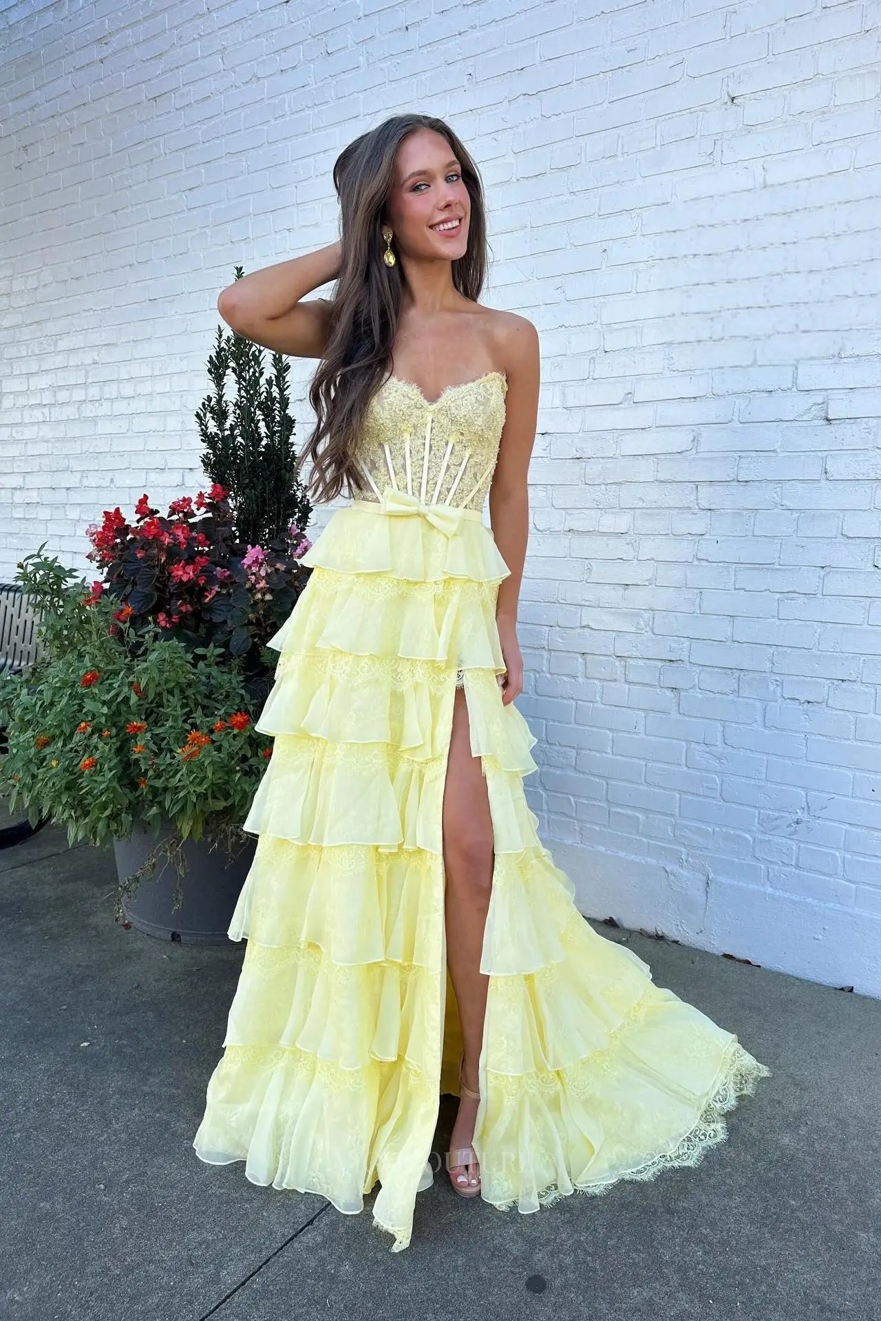 Prom Dresses 2025 to impress Beaded Lace Corset Prom Dress with Tiered Ruffle Skirt, Bow Waist & High Slit - 26172-vigocouture-vigocouture