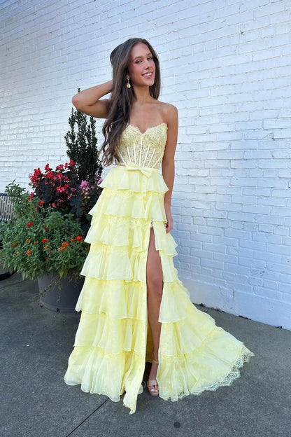 Prom Dresses 2025 to impress Beaded Lace Corset Prom Dress with Tiered Ruffle Skirt, Bow Waist & High Slit - 26172-vigocouture-vigocouture