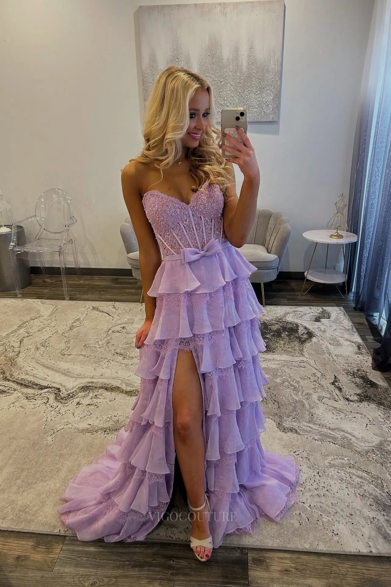 Prom Dresses 2025 to impress Beaded Lace Corset Prom Dress with Tiered Ruffle Skirt, Bow Waist & High Slit - 26172-vigocouture-Lavender-US 0-vigocouture