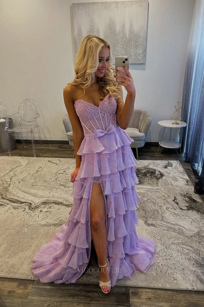 Prom Dresses 2025 to impress Beaded Lace Corset Prom Dress with Tiered Ruffle Skirt, Bow Waist & High Slit - 26172-vigocouture-Lavender-US 0-vigocouture