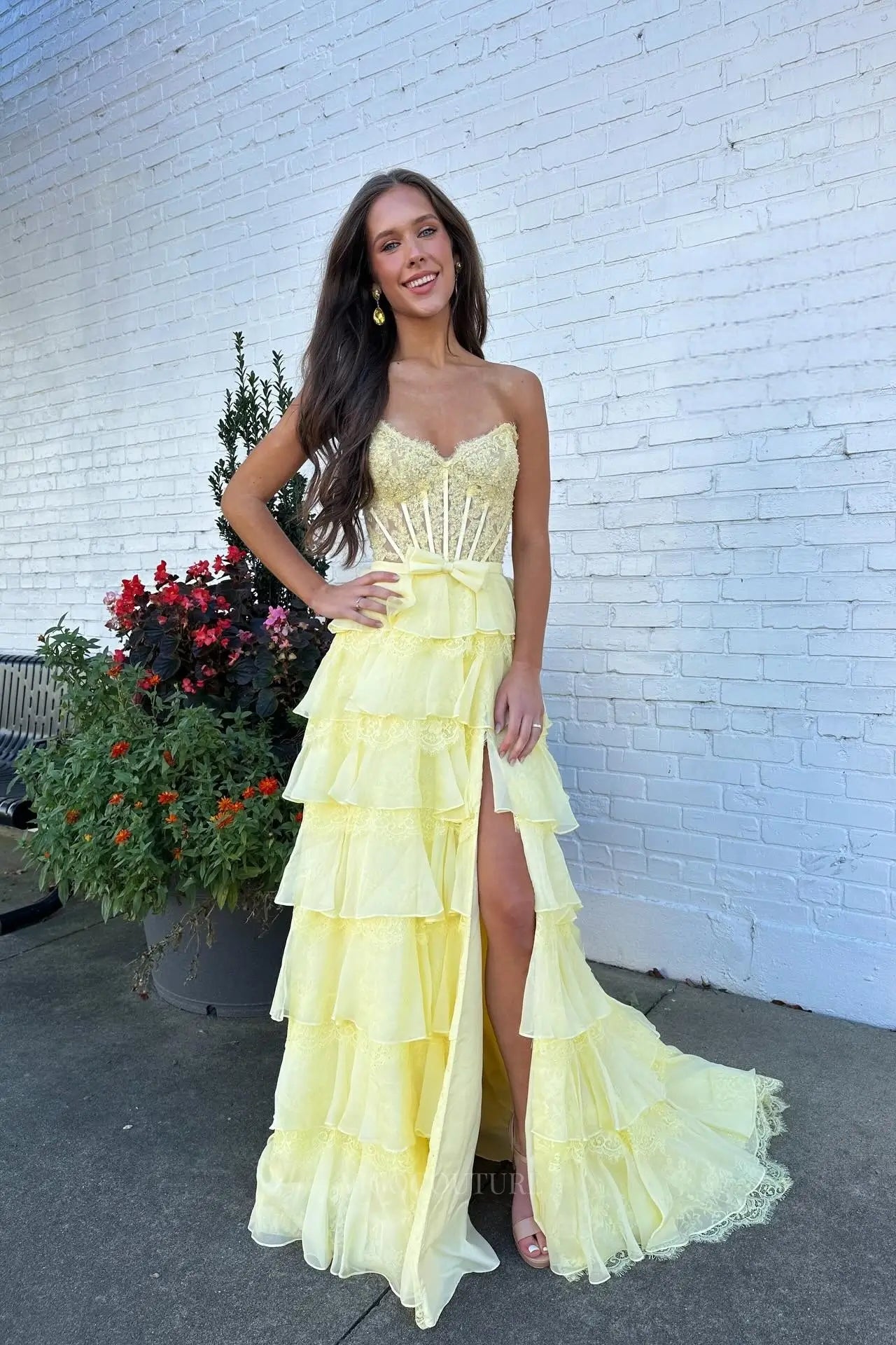 Prom Dresses 2025 to impress Beaded Lace Corset Prom Dress with Tiered Ruffle Skirt, Bow Waist & High Slit - 26172-vigocouture-Yellow-US 0-vigocouture