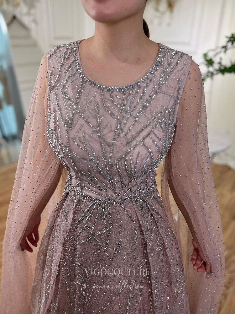 Prom Dress 2025 Beaded Lace Extra Long Sleeve Prom Dresses Boat Neck Pageant Dress 24535-unique elegant Prom Dresses-Green-US2-vigocouture