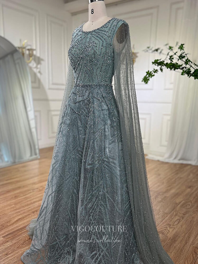 Prom Dress 2025 Beaded Lace Extra Long Sleeve Prom Dresses Boat Neck Pageant Dress 24535-unique elegant Prom Dresses-Green-US2-vigocouture