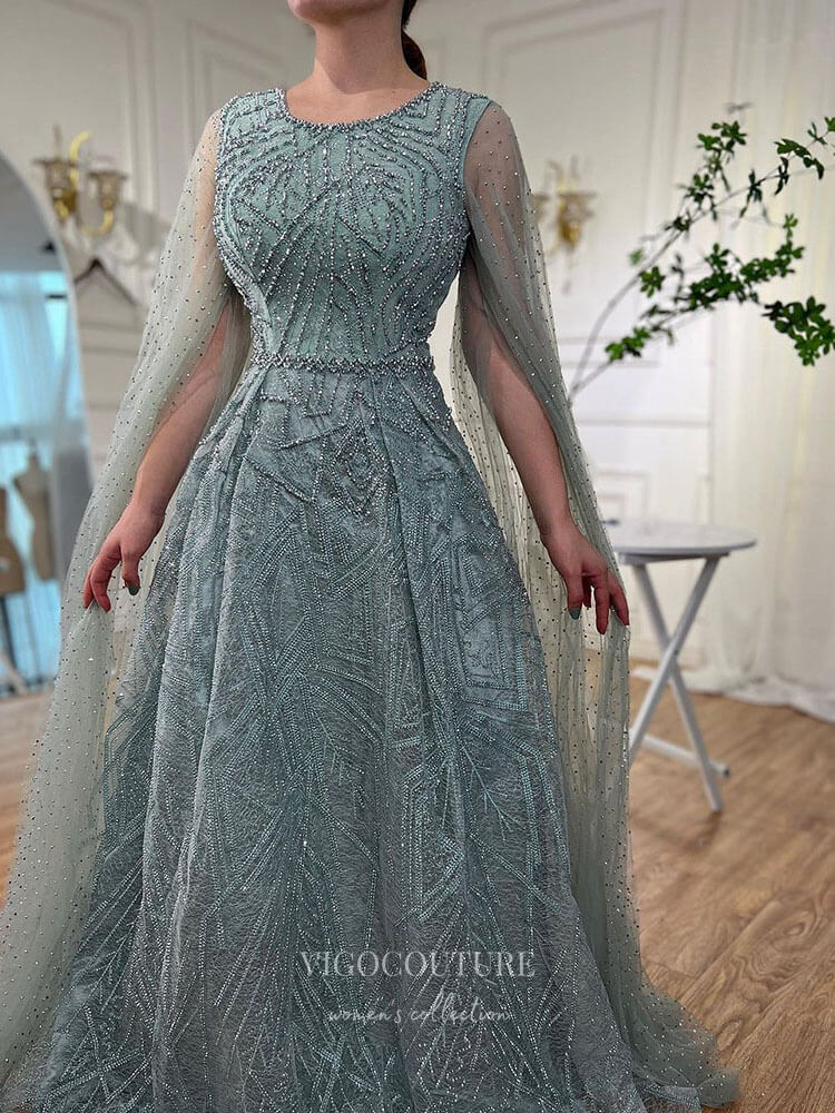 Prom Dress 2025 Beaded Lace Extra Long Sleeve Prom Dresses Boat Neck Pageant Dress 24535-unique elegant Prom Dresses-Green-US2-vigocouture