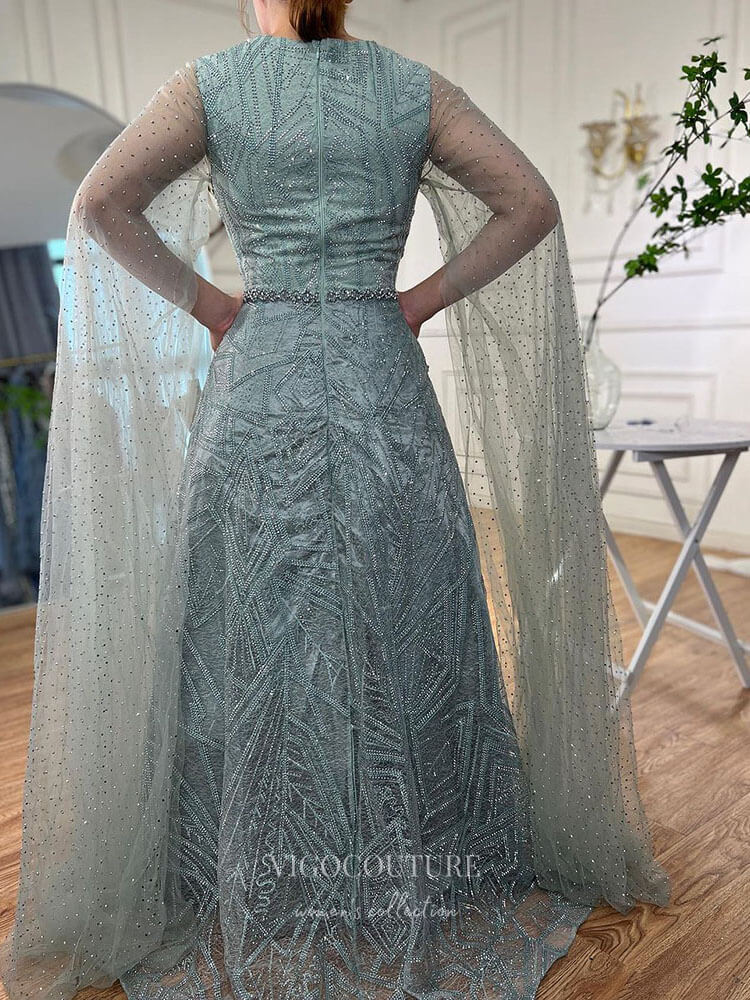 Prom Dress 2025 Beaded Lace Extra Long Sleeve Prom Dresses Boat Neck Pageant Dress 24535-unique elegant Prom Dresses-Green-US2-vigocouture