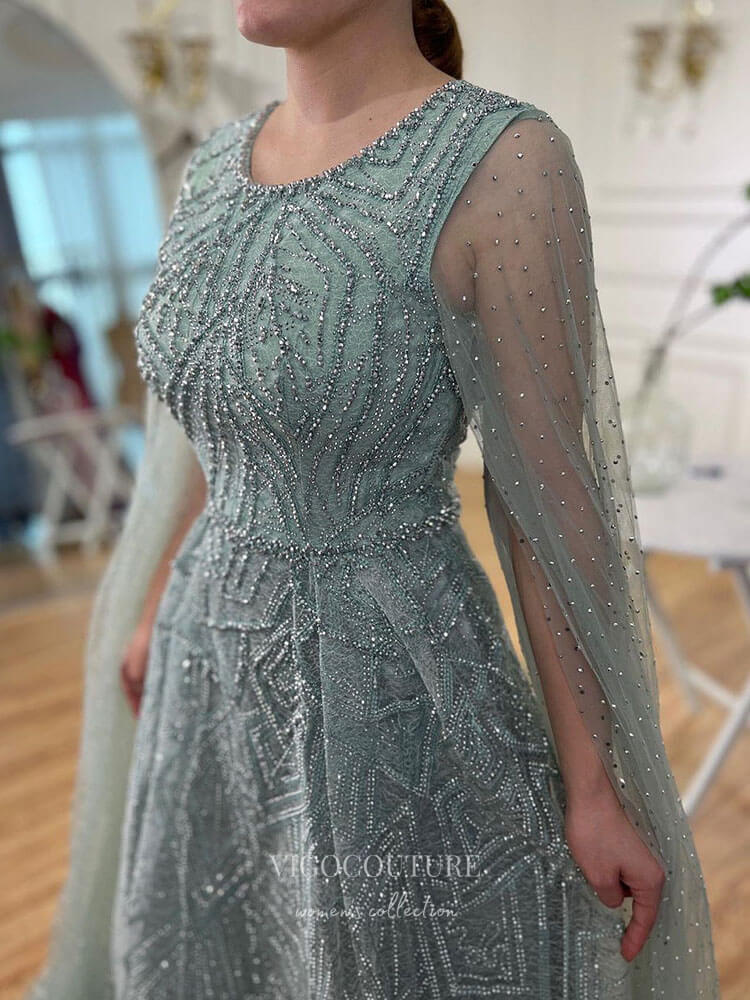 Prom Dress 2025 Beaded Lace Extra Long Sleeve Prom Dresses Boat Neck Pageant Dress 24535-unique elegant Prom Dresses-Green-US2-vigocouture