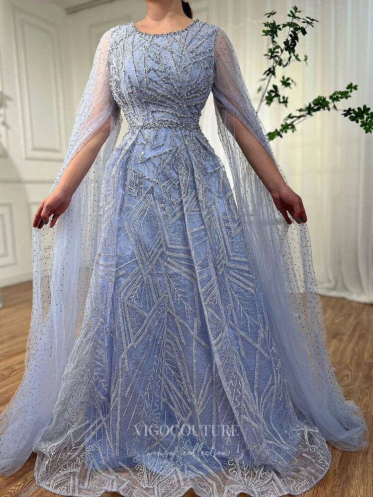 Prom Dress 2025 Beaded Lace Extra Long Sleeve Prom Dresses Boat Neck Pageant Dress 24535-unique elegant Prom Dresses-Light Blue-US2-vigocouture