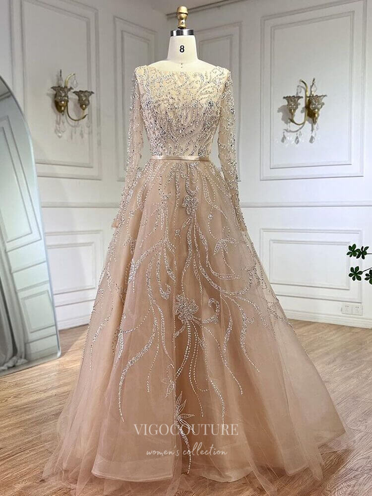 Prom Dress 2025 Beaded Lace Long Sleeve Prom Dresses Boat Neck A-Line Pageant Dress 24509-unique elegant Prom Dresses-Champagne-US2-vigocouture