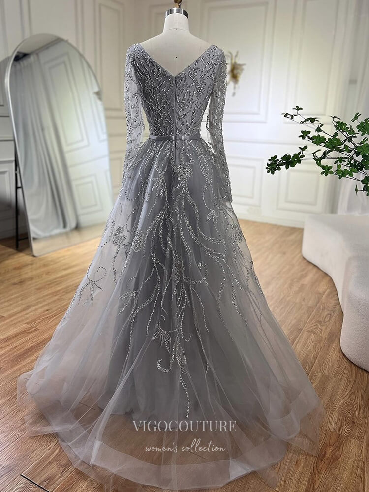 Prom Dress 2025 Beaded Lace Long Sleeve Prom Dresses Boat Neck A-Line Pageant Dress 24509-unique elegant Prom Dresses-Silver-US2-vigocouture