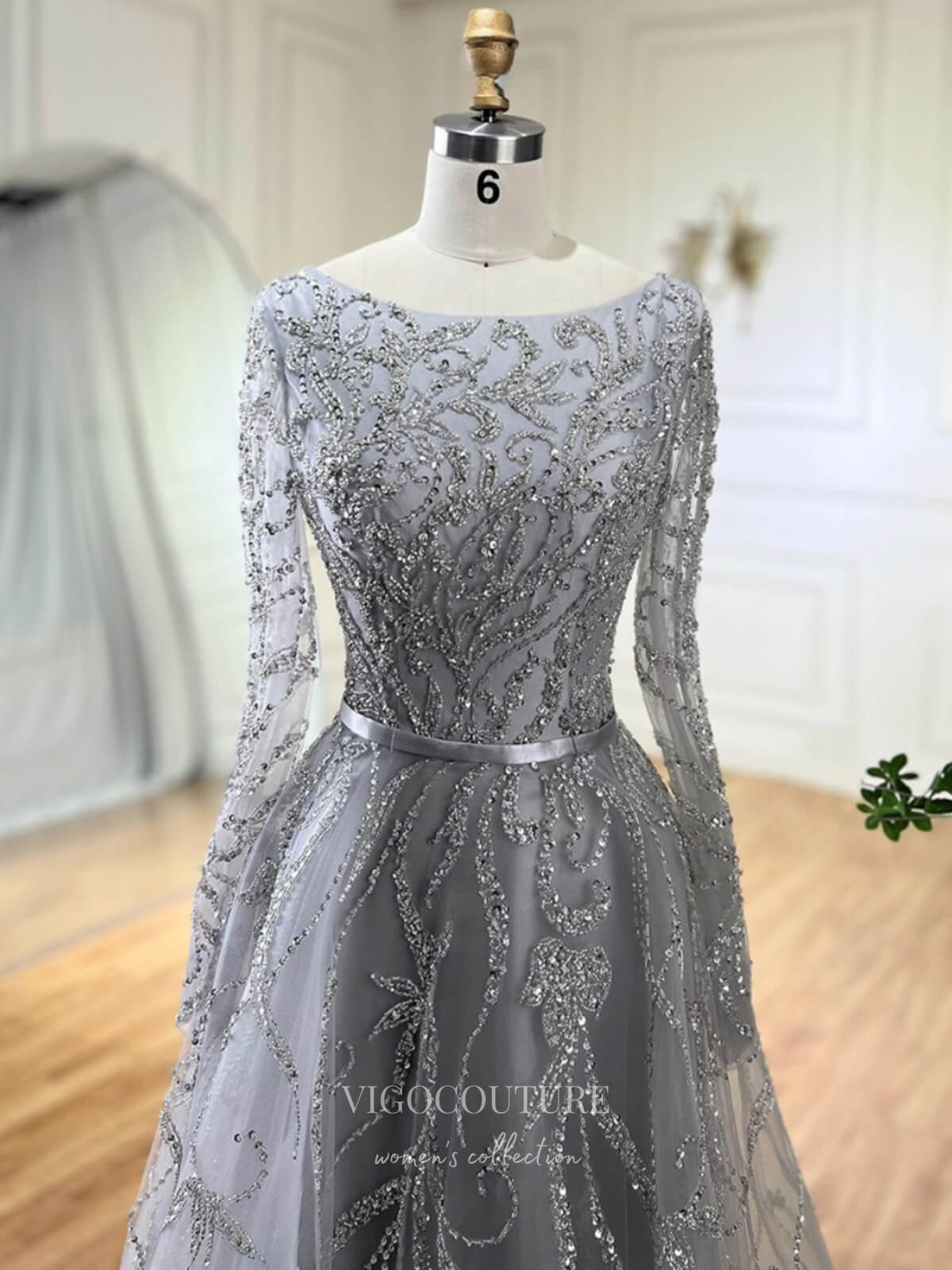 Prom Dress 2025 Beaded Lace Long Sleeve Prom Dresses Boat Neck A-Line Pageant Dress 24509-unique elegant Prom Dresses-Silver-US2-vigocouture