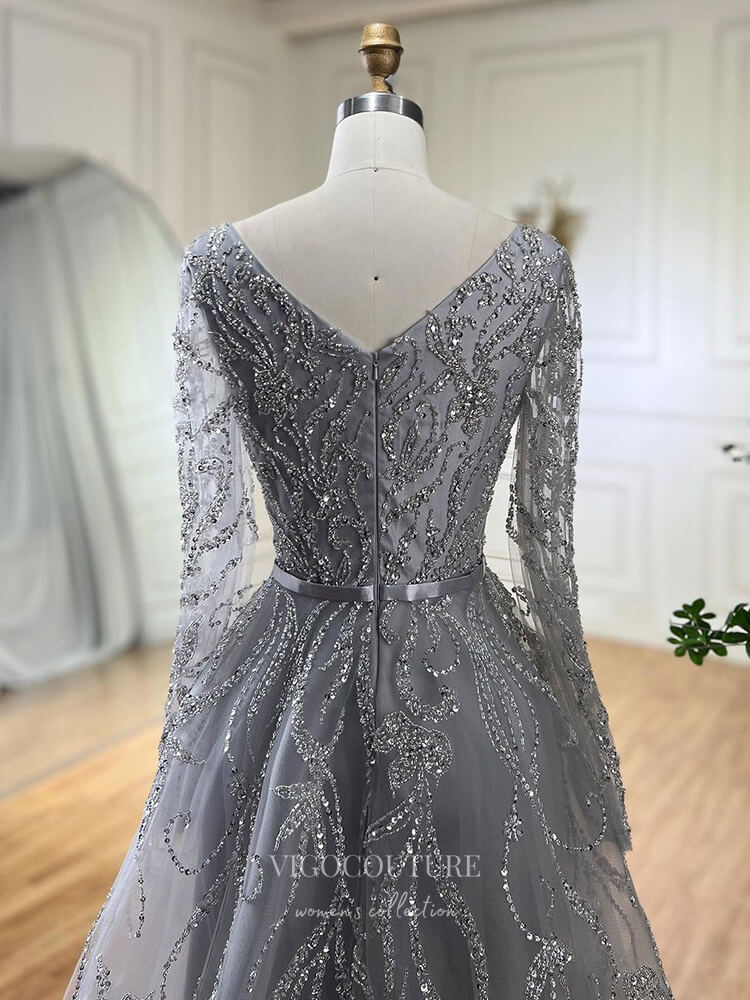 Prom Dress 2025 Beaded Lace Long Sleeve Prom Dresses Boat Neck A-Line Pageant Dress 24509-unique elegant Prom Dresses-Silver-US2-vigocouture