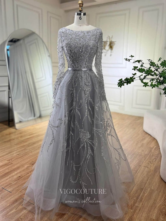 Prom Dress 2025 Beaded Lace Long Sleeve Prom Dresses Boat Neck A-Line Pageant Dress 24509-unique elegant Prom Dresses-Silver-US2-vigocouture