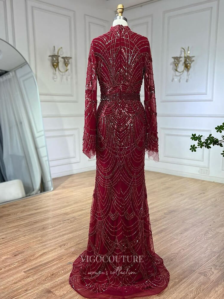 Beaded Lace Long Sleeve Prom Dresses High Neck Pageant Dress 24532 – vigocouture