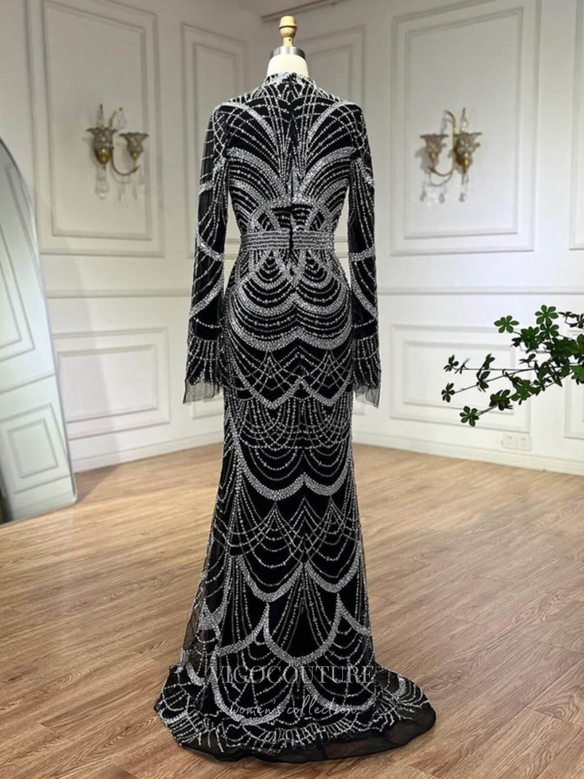 Beaded Lace Long Sleeve Prom Dresses High Neck Pageant Dress 24532 vigocouture Beaded Lace Long Sleeve Prom Dresses High Neck Pageant Dress 24532 vigocouture
