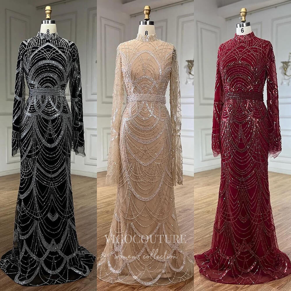 Prom Dress 2025 Beaded Lace Long Sleeve Prom Dresses High Neck Pageant Dress 24532-unique elegant Prom Dresses-Black-US2-vigocouture