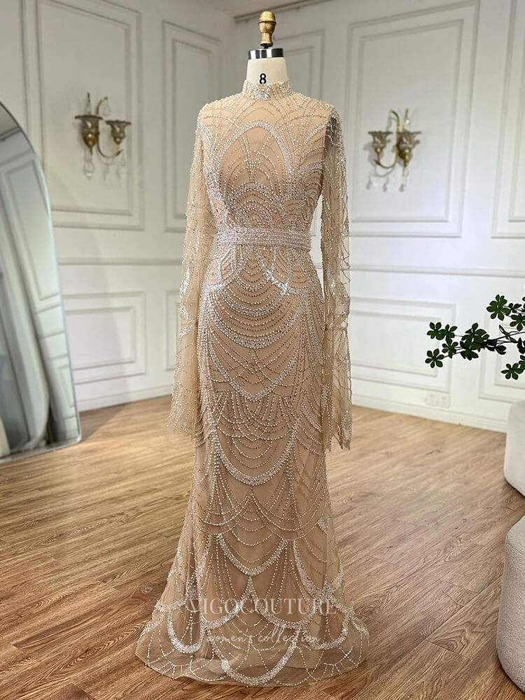 Prom Dress 2025 Beaded Lace Long Sleeve Prom Dresses High Neck Pageant Dress 24532-unique elegant Prom Dresses-Khaki-US2-vigocouture