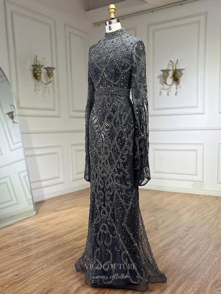 Prom Dress 2025 Beaded Lace Mermaid Pageant Dresses Long Sleeve Mother of the Bride Dress 25024-unique elegant Prom Dresses-As Pictured-US2-vigocouture