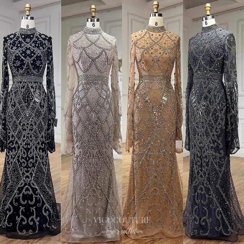 Prom Dress 2025 Beaded Lace Mermaid Pageant Dresses Long Sleeve Mother of the Bride Dress 25024-unique elegant Prom Dresses-As Pictured-US2-vigocouture