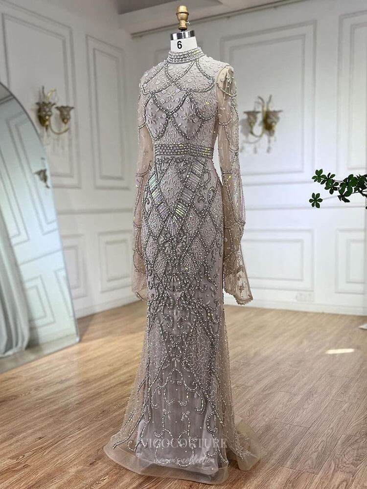 Prom Dress 2025 Beaded Lace Mermaid Pageant Dresses Long Sleeve Mother of the Bride Dress 25024-unique elegant Prom Dresses-As Pictured-US2-vigocouture