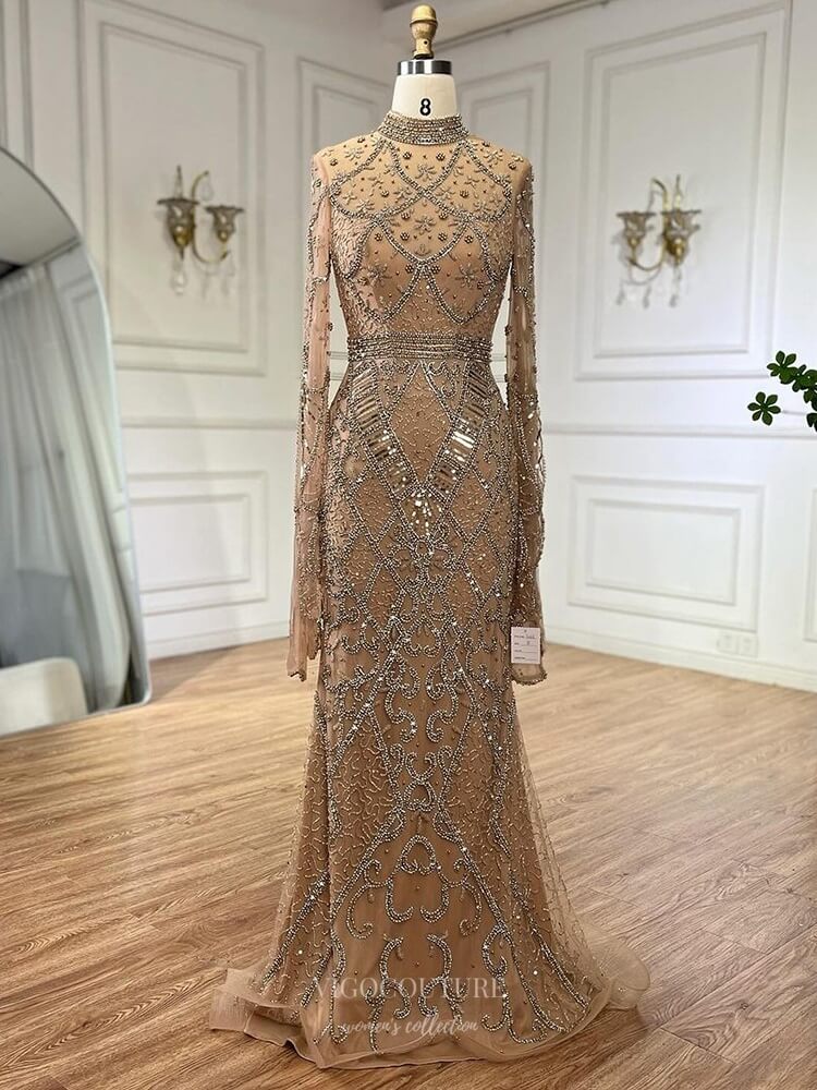 Prom Dress 2025 Beaded Lace Mermaid Pageant Dresses Long Sleeve Mother of the Bride Dress 25024-unique elegant Prom Dresses-Champange-US2-vigocouture