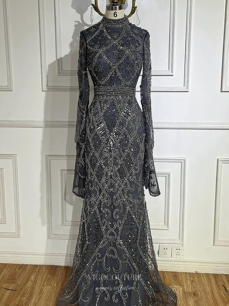 Prom Dress 2025 Beaded Lace Mermaid Pageant Dresses Long Sleeve Mother of the Bride Dress 25024-unique elegant Prom Dresses-Grey-US2-vigocouture