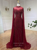 Prom Dress 2025 Beaded Lace Mermaid Prom Dresses Extra Long Sleeve Sleeve High Neck Pageant Dress 24504-unique elegant Prom Dresses-Burgundy-US2-vigocouture