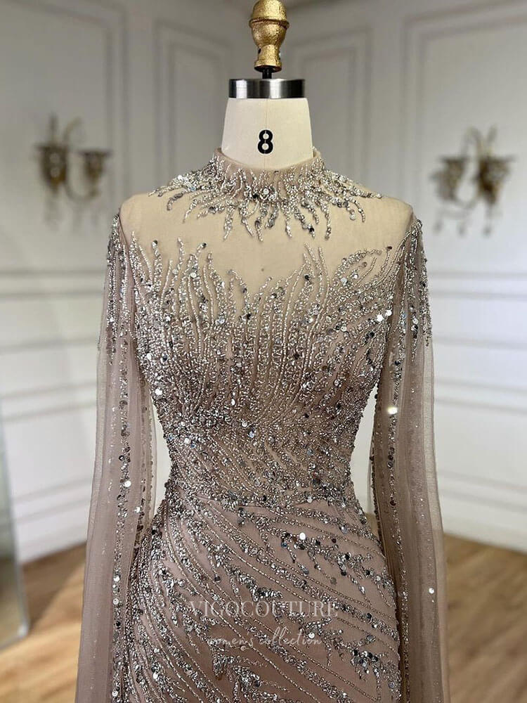 Prom Dress 2025 Beaded Lace Mermaid Prom Dresses Extra Long Sleeve Sleeve High Neck Pageant Dress 24504-unique elegant Prom Dresses-Green-US2-vigocouture