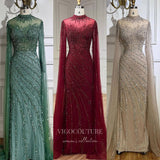 Prom Dress 2025 Beaded Lace Mermaid Prom Dresses Extra Long Sleeve Sleeve High Neck Pageant Dress 24504-unique elegant Prom Dresses-Green-US2-vigocouture