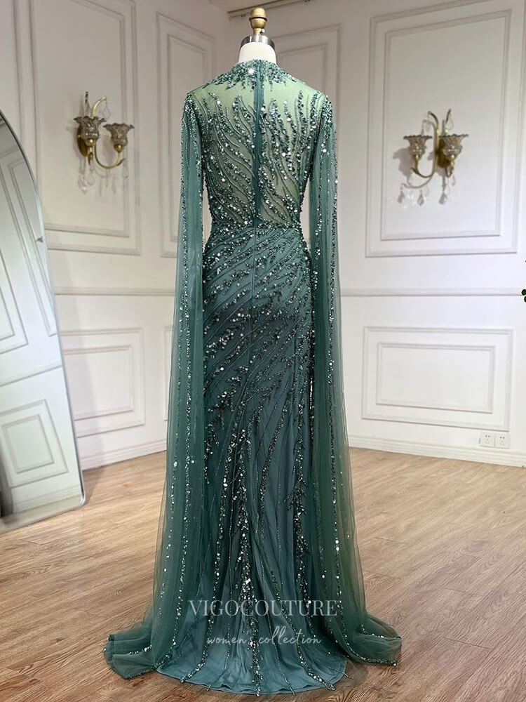 Prom Dress 2025 Beaded Lace Mermaid Prom Dresses Extra Long Sleeve Sleeve High Neck Pageant Dress 24504-unique elegant Prom Dresses-Green-US2-vigocouture