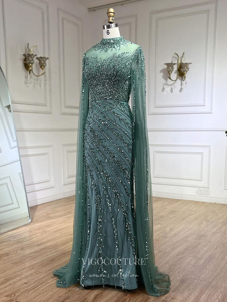 Prom Dress 2025 Beaded Lace Mermaid Prom Dresses Extra Long Sleeve Sleeve High Neck Pageant Dress 24504-unique elegant Prom Dresses-Green-US2-vigocouture