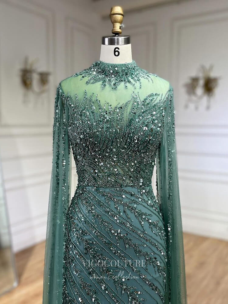 Prom Dress 2025 Beaded Lace Mermaid Prom Dresses Extra Long Sleeve Sleeve High Neck Pageant Dress 24504-unique elegant Prom Dresses-Green-US2-vigocouture