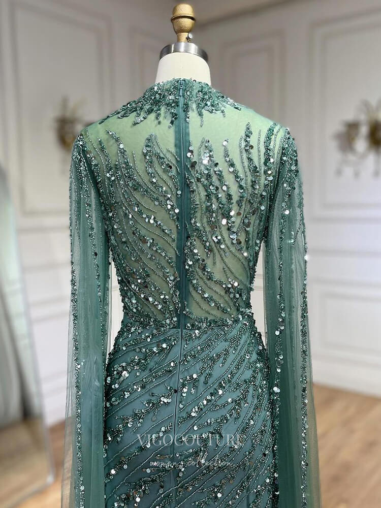 Prom Dress 2025 Beaded Lace Mermaid Prom Dresses Extra Long Sleeve Sleeve High Neck Pageant Dress 24504-unique elegant Prom Dresses-Green-US2-vigocouture