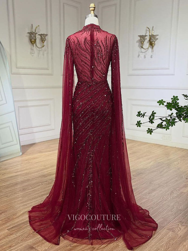 Prom Dress 2025 Beaded Lace Mermaid Prom Dresses Extra Long Sleeve Sleeve High Neck Pageant Dress 24504-unique elegant Prom Dresses-Green-US2-vigocouture