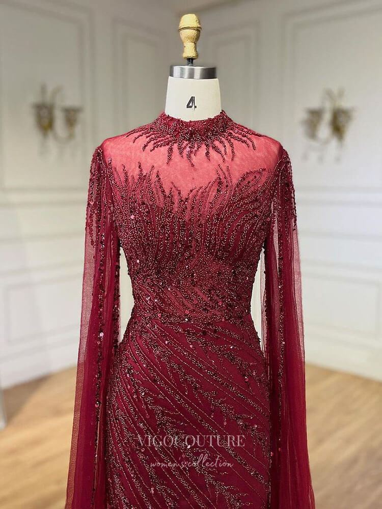 Prom Dress 2025 Beaded Lace Mermaid Prom Dresses Extra Long Sleeve Sleeve High Neck Pageant Dress 24504-unique elegant Prom Dresses-Green-US2-vigocouture