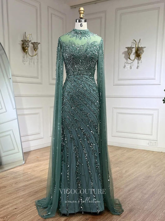 Prom Dress 2025 Beaded Lace Mermaid Prom Dresses Extra Long Sleeve Sleeve High Neck Pageant Dress 24504-unique elegant Prom Dresses-Green-US2-vigocouture