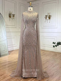 Prom Dress 2025 Beaded Lace Mermaid Prom Dresses Extra Long Sleeve Sleeve High Neck Pageant Dress 24504-unique elegant Prom Dresses-Khaki-US2-vigocouture