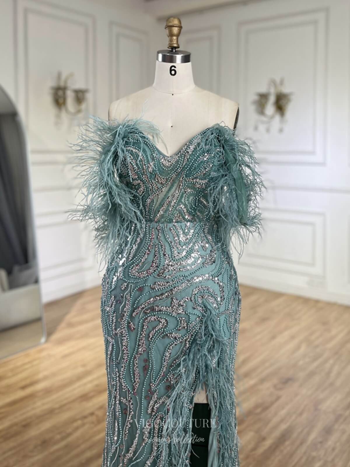 Prom Dress 2025 Beaded Lace Mermaid Prom Dresses with Feather Slit Off the Shoulder Pageant Dress 25013-unique elegant Prom Dresses-As Pictured-US2-vigocouture