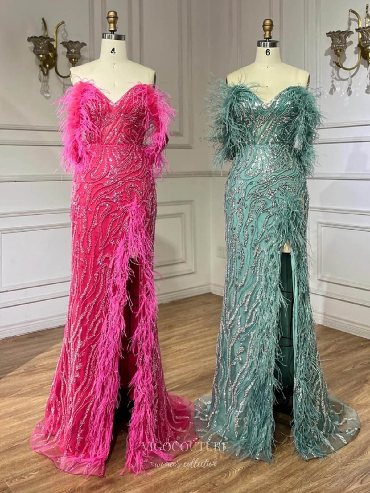 Prom Dress 2025 Beaded Lace Mermaid Prom Dresses with Feather Slit Off the Shoulder Pageant Dress 25013-unique elegant Prom Dresses-As Pictured-US2-vigocouture