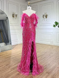 Prom Dress 2025 Beaded Lace Mermaid Prom Dresses with Feather Slit Off the Shoulder Pageant Dress 25013-unique elegant Prom Dresses-Fuchsia-US2-vigocouture