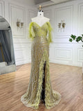 Prom Dress 2025 Beaded Lace Mermaid Prom Dresses with Feather Slit Off the Shoulder Pageant Dress 25013-unique elegant Prom Dresses-Yellow-US2-vigocouture