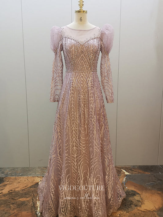 Prom Dress 2025 Beaded Lace Prom Dresses Long Sleeve Boat Neck Formal Dresses 22070-unique elegant Prom Dresses-Pink-US2-vigocouture