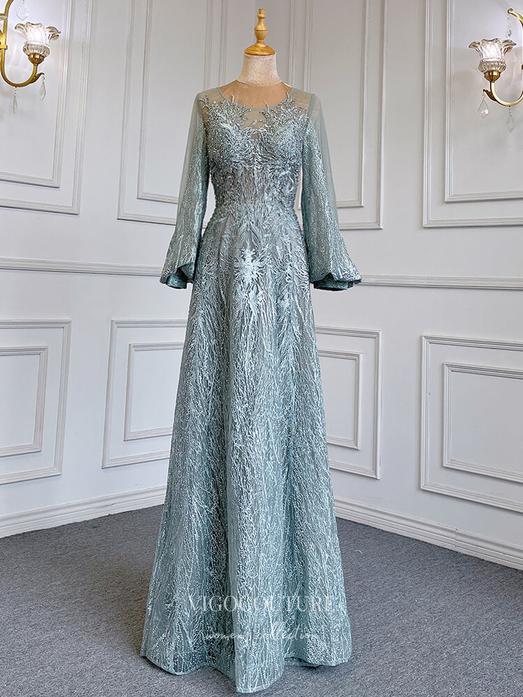 Beaded Lace Prom Dresses Long Sleeve Boat Neck Mother of the Bride Dresses 22068 Green / US10 Beaded Lace Prom Dresses Long Sleeve Boat Neck Mother of the Bride Dresses 22068 Green / US10