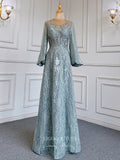 Prom Dress 2025 Beaded Lace Prom Dresses Long Sleeve Boat Neck Mother of the Bride Dresses 22068-unique elegant Prom Dresses-Green-US2-vigocouture