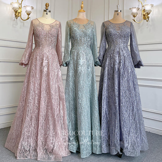 Prom Dress 2025 Beaded Lace Prom Dresses Long Sleeve Boat Neck Mother of the Bride Dresses 22068-unique elegant Prom Dresses-Green-US2-vigocouture